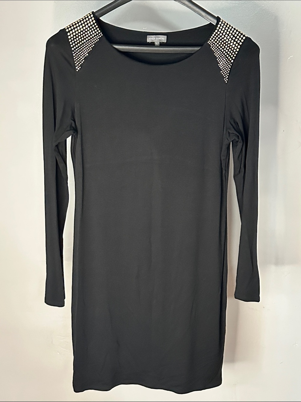 Vince Camuto Black Long Sleeve Dress with Gold Studded Shoulder Accents